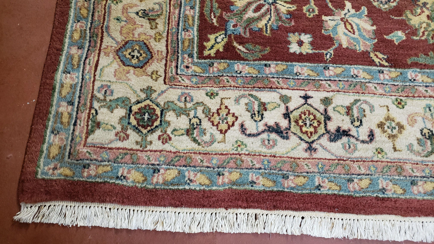 8x12 Indo-Mahal Rug, Floral Allover, Red & Beige, Wool Vintage Handmade Traditional Carpet - Nuvé