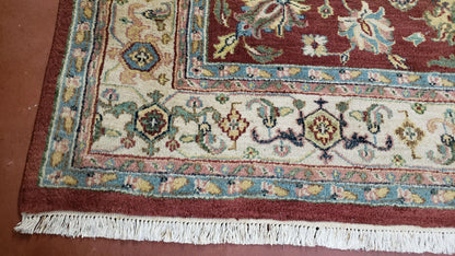 8x12 Indo-Mahal Rug, Floral Allover, Red & Beige, Wool Vintage Handmade Traditional Carpet - Nuvé