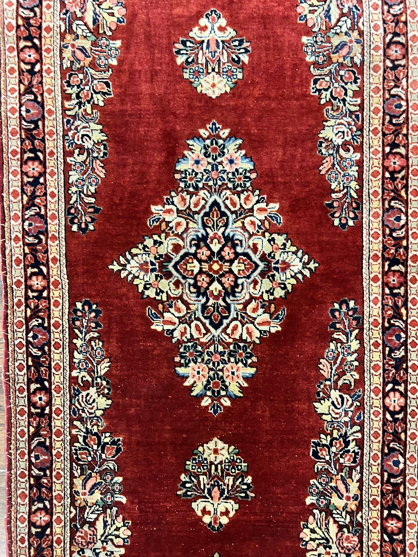Persian Sarouk Runner Rug 2.7 x 6, Semi Open Field, Red, Handmade Hand Knotted, Wool Oriental Carpet, Vintage Semi Antique - Nuvé