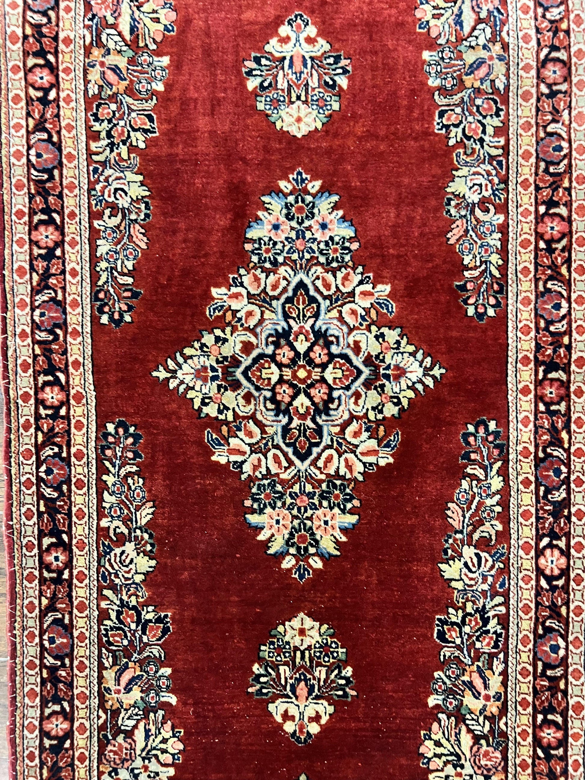 Persian Sarouk Runner Rug 2.7 x 6, Semi Open Field, Red, Handmade Hand Knotted, Wool Oriental Carpet, Vintage Semi Antique - Nuvé