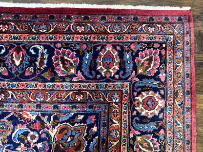 Antique Persian Mashad Rug 10x13, Red and Navy Blue, Great Colors, Signed By Masterweaver, Floral Medallion, Handmade Wool Persian Carpet - Nuvé