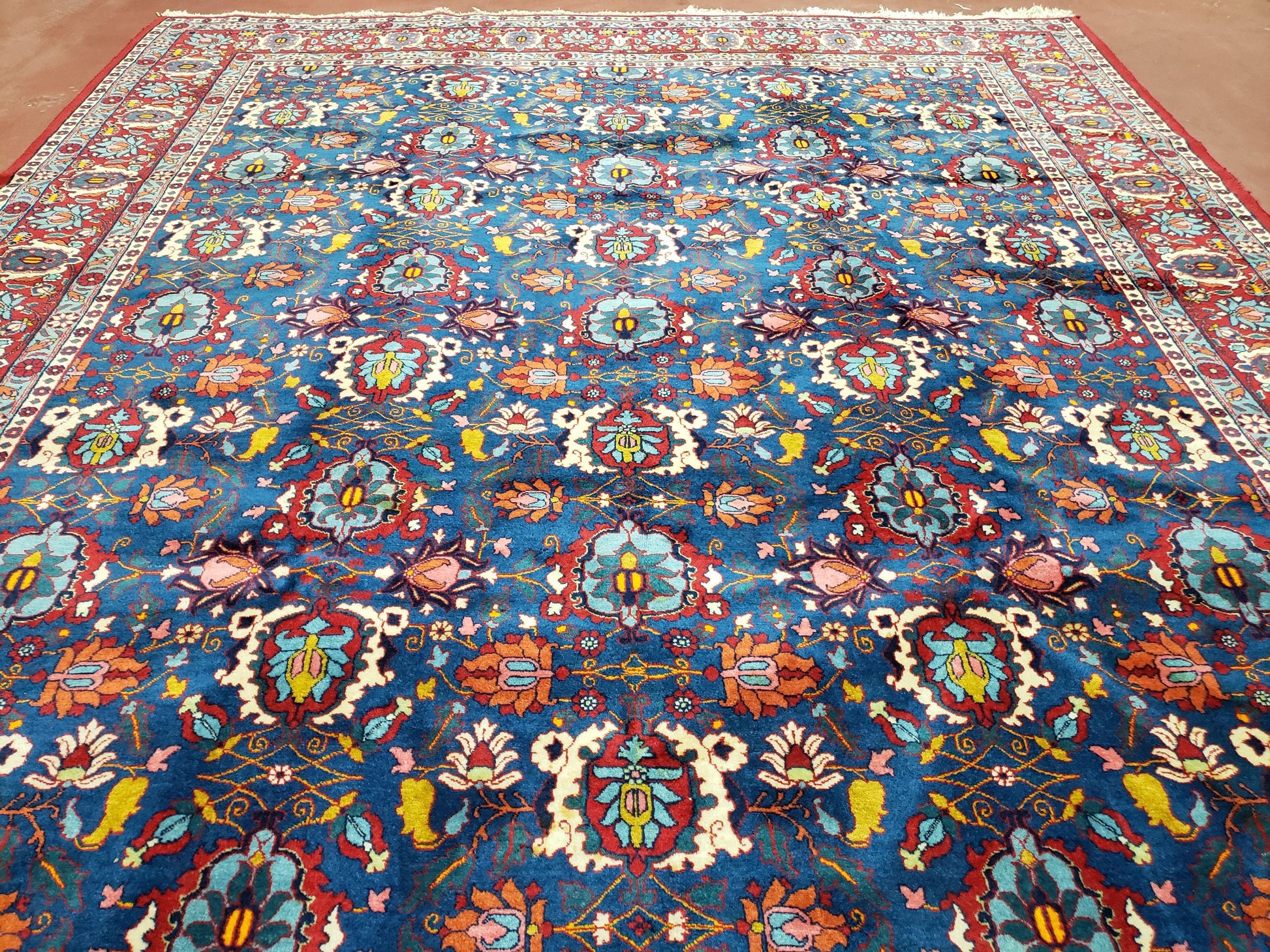 Rare Antique Persian Veramin Carpet, Mina-Khani Pattern, Blue, Red, Ivory, 7x11 ft, Hand-Knotted, Wool - Nuvé