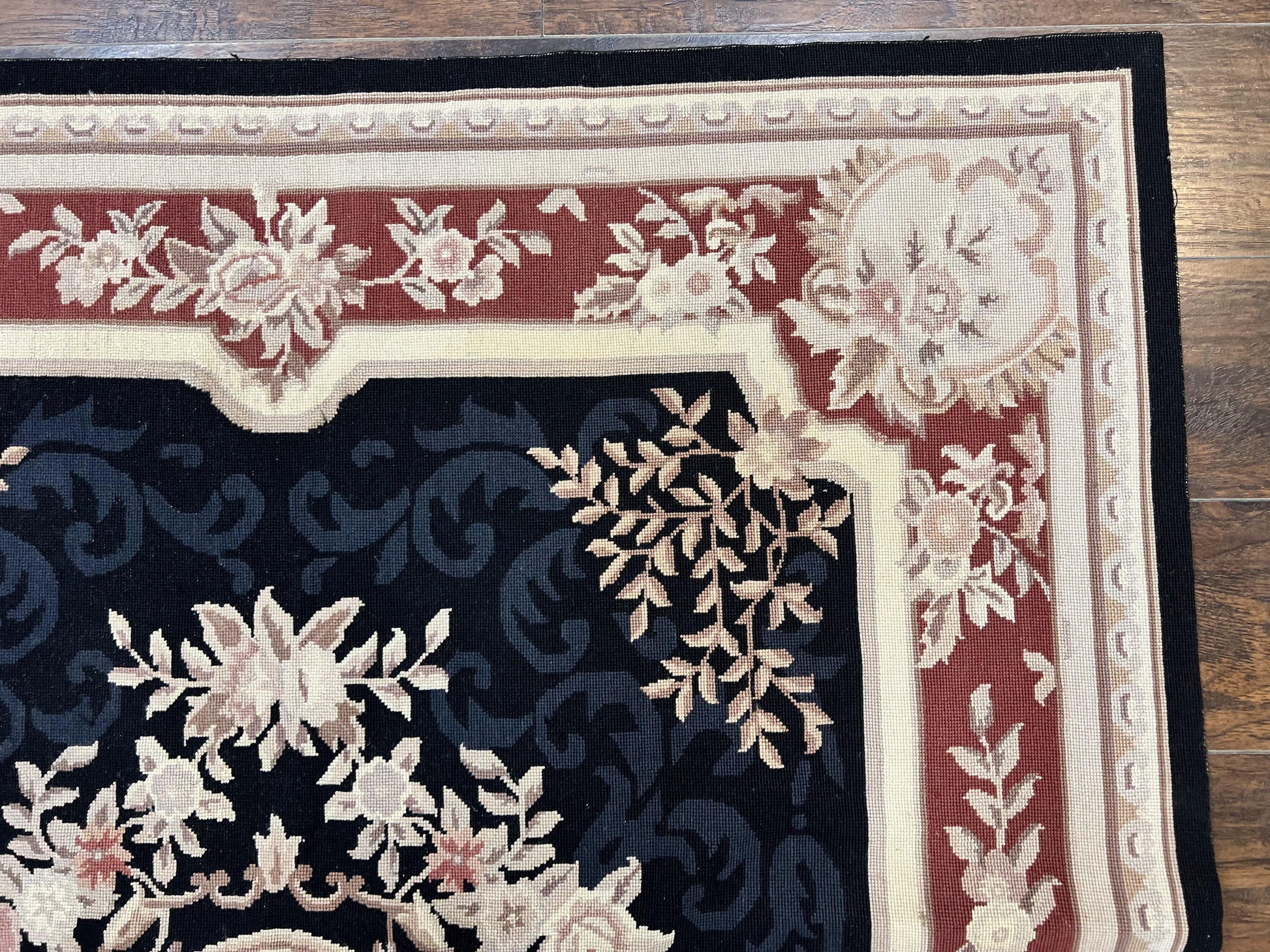 Needlepoint Rug 5x8, Wool Handmade Vintage European Design Carpet, Black & Maroon, French Aubusson Pattern Flatweave Rug - Nuvé