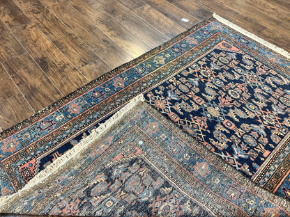 Antique Persian Tribal Rug 5x7, Navy Blue & Pink, Hand Knotted Handmade 1920s Wool Rug, Allover Pattern, Persian Hamadan Rug - Nuvé