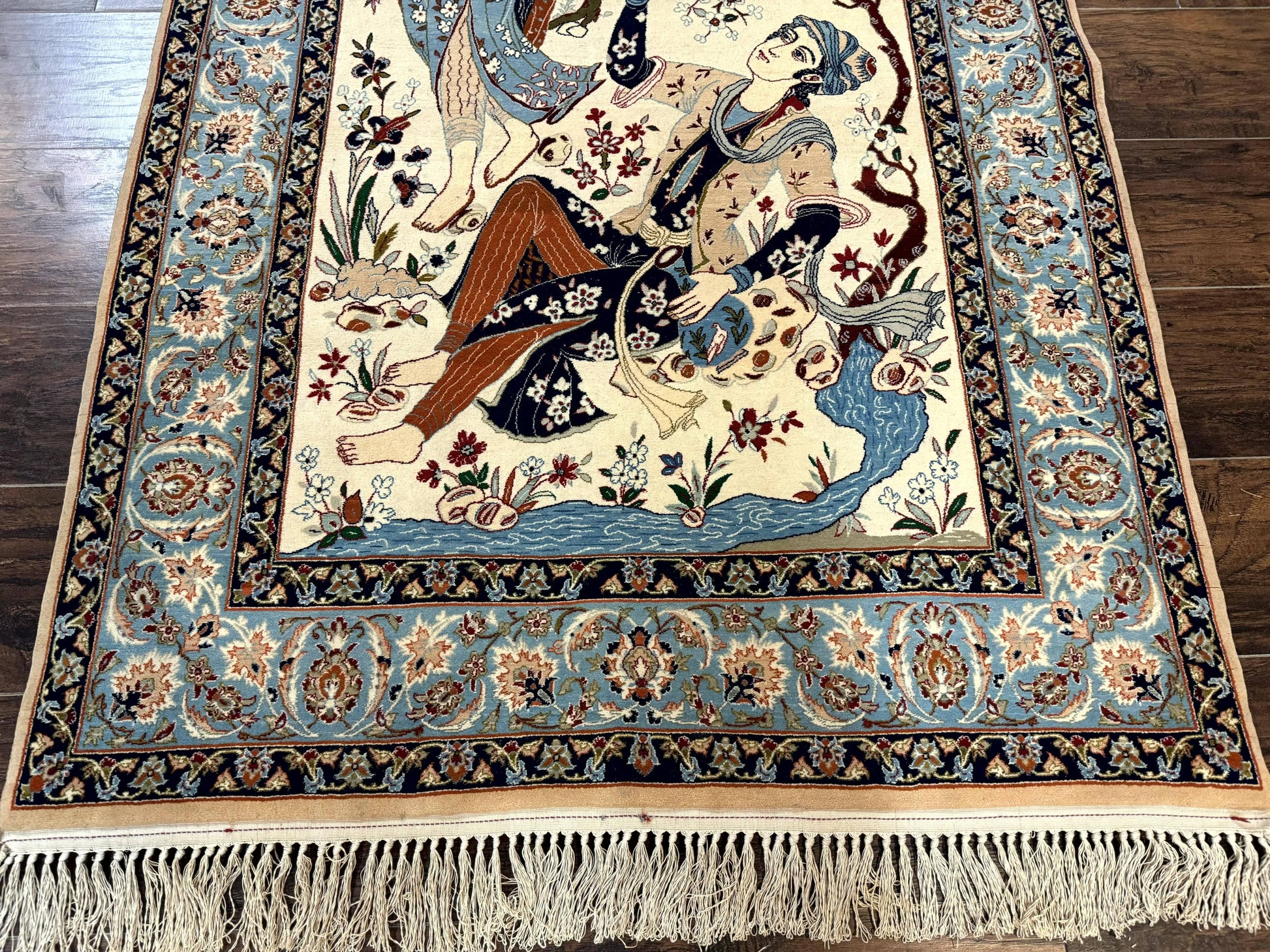 Persian Isfahan Pictorial Rug, Two Lovers, Kork Wool on Silk Foundation, Ivory and Light Blue, 500 KPSI Super Fine - Nuvé