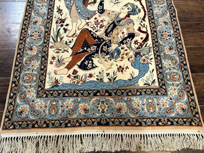 Persian Isfahan Pictorial Rug, Two Lovers, Kork Wool on Silk Foundation, Ivory and Light Blue, 500 KPSI Super Fine - Nuvé