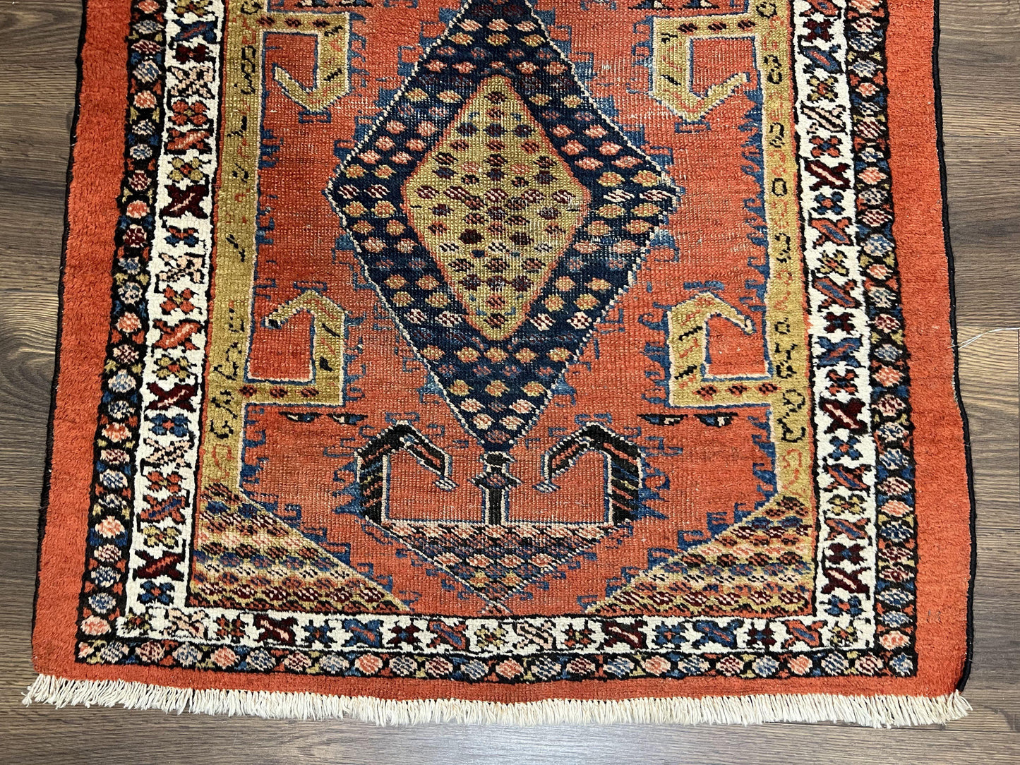 Rare Persian Tribal Runner Rug 3 x 11, Sarab Serab Persian Runner, Antique 1920s Collectible Geometric Medallions Oriental Wool Runner, Hand Knotted, Bright Orange-Red - Nuvé