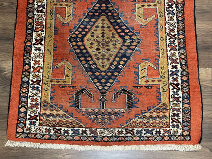 Rare Persian Tribal Runner Rug 3 x 11, Sarab Serab Persian Runner, Antique 1920s Collectible Geometric Medallions Oriental Wool Runner, Hand Knotted, Bright Orange-Red - Nuvé