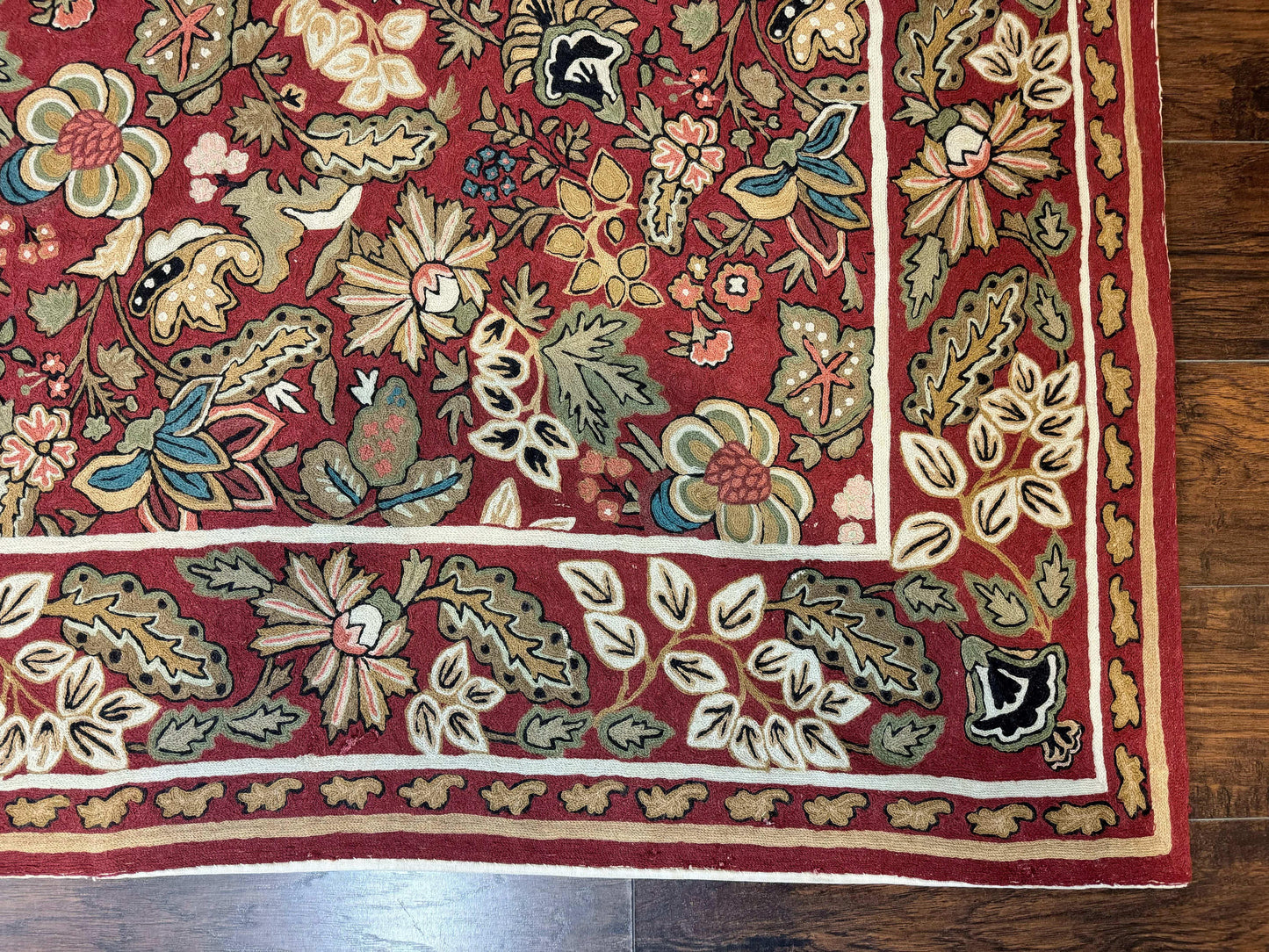 Indian Hand Stitched Rug 8x10, Large Vintage Floral Handmade Carpet, Dark Red Multicolor