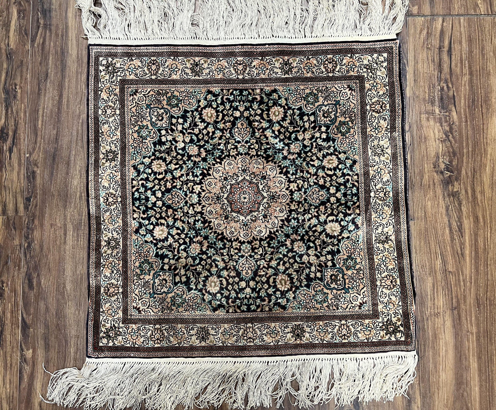 Sino Persian Silk Rug 2x2 ft, Very Fine High KPSI Small Silk Oriental Carpet, Hand-Knotted, Medallion, Vintage Silk Rug, Black Ivory/Cream - Nuvé