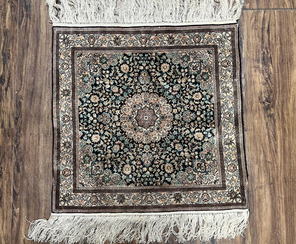 Sino Persian Silk Rug 2x2 ft, Very Fine High KPSI Small Silk Oriental Carpet, Hand-Knotted, Medallion, Vintage Silk Rug, Black Ivory/Cream - Nuvé