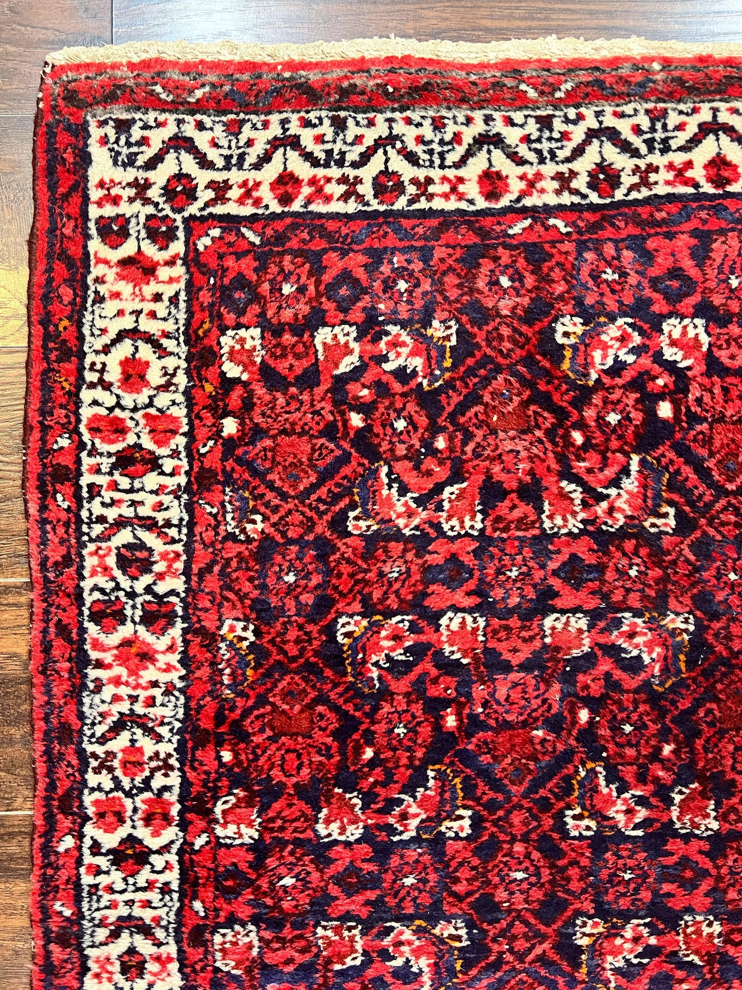 Persian Tribal Runner 3 x 9, Hamadan Dargazin Rug, Dark Blue and Red Wool Hand Knotted Hallway Rug, Vintage Antique Oriental Runner, 9ft Long Runner, Herati - Nuvé