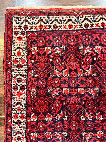 Persian Tribal Runner 3 x 9, Hamadan Dargazin Rug, Dark Blue and Red Wool Hand Knotted Hallway Rug, Vintage Antique Oriental Runner, 9ft Long Runner, Herati - Nuvé