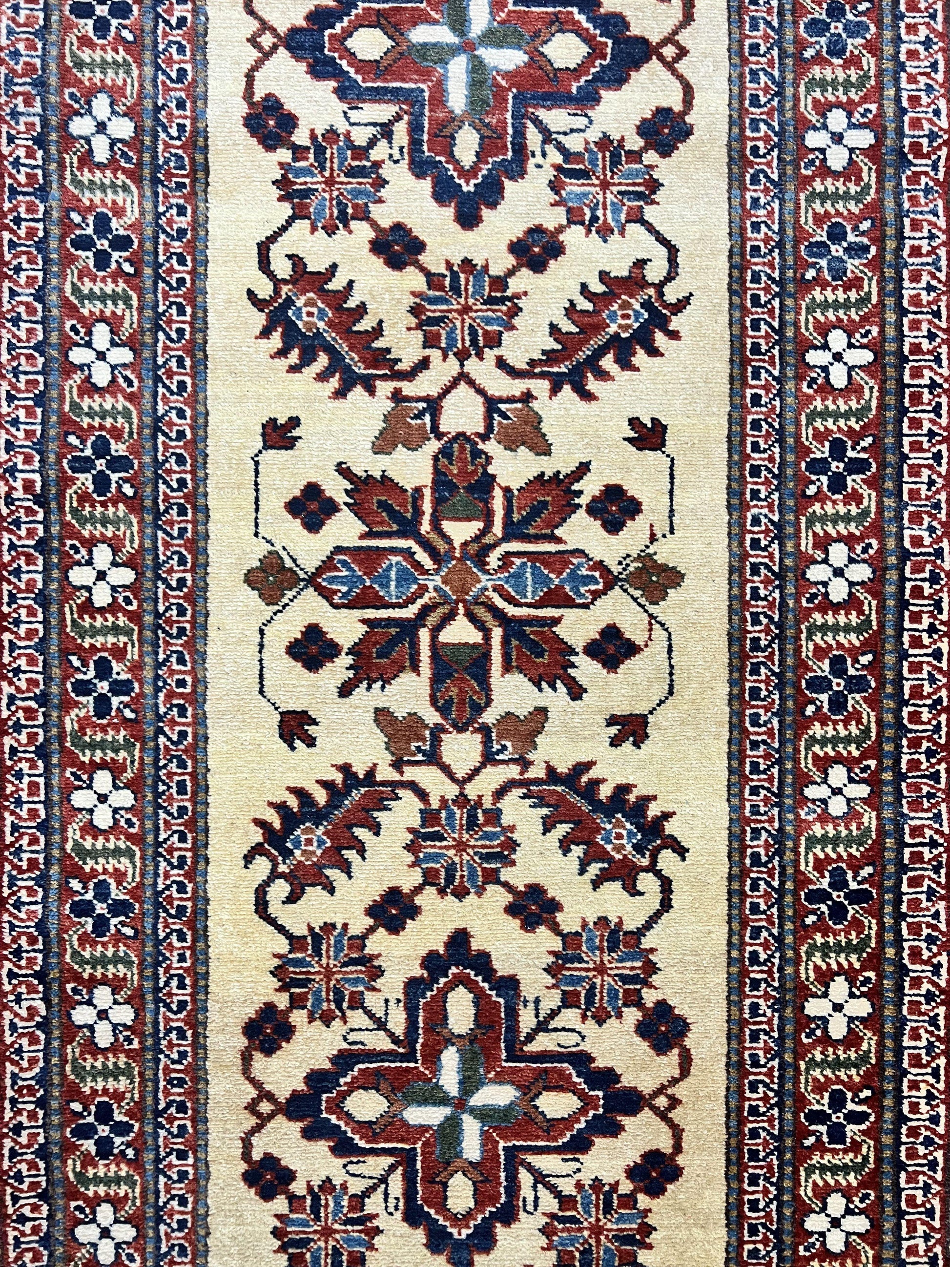 Afghan Heriz Runner Rug 2.9 x 12, Vintage Hand Knotted Persian Carpet for Hallway, 12ft Runner, Wool, Cream - Nuvé