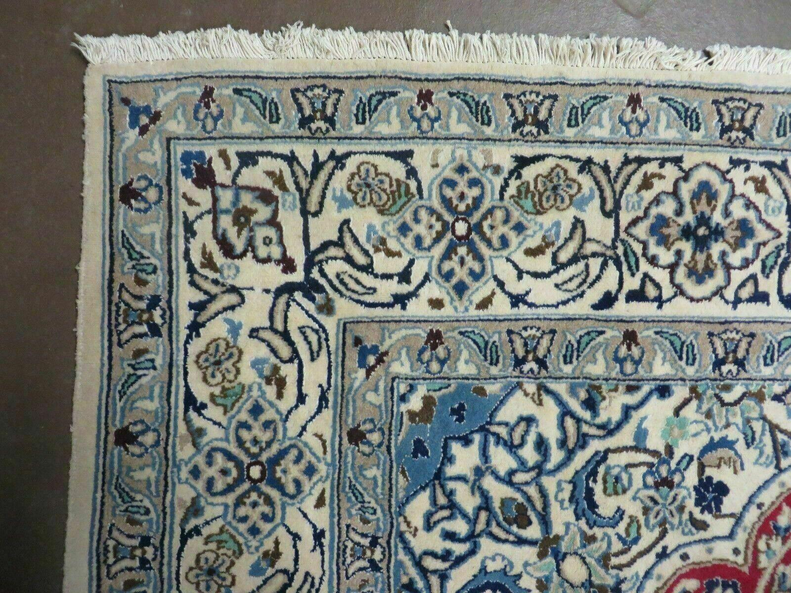 Square Persian Nain Rug 6.3 x 6.8, Hand-Knotted Wool with Silk Accents, Ivory Red Blue - Nuvé