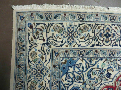 Square Persian Nain Rug 6.3 x 6.8, Hand-Knotted Wool with Silk Accents, Ivory Red Blue - Nuvé