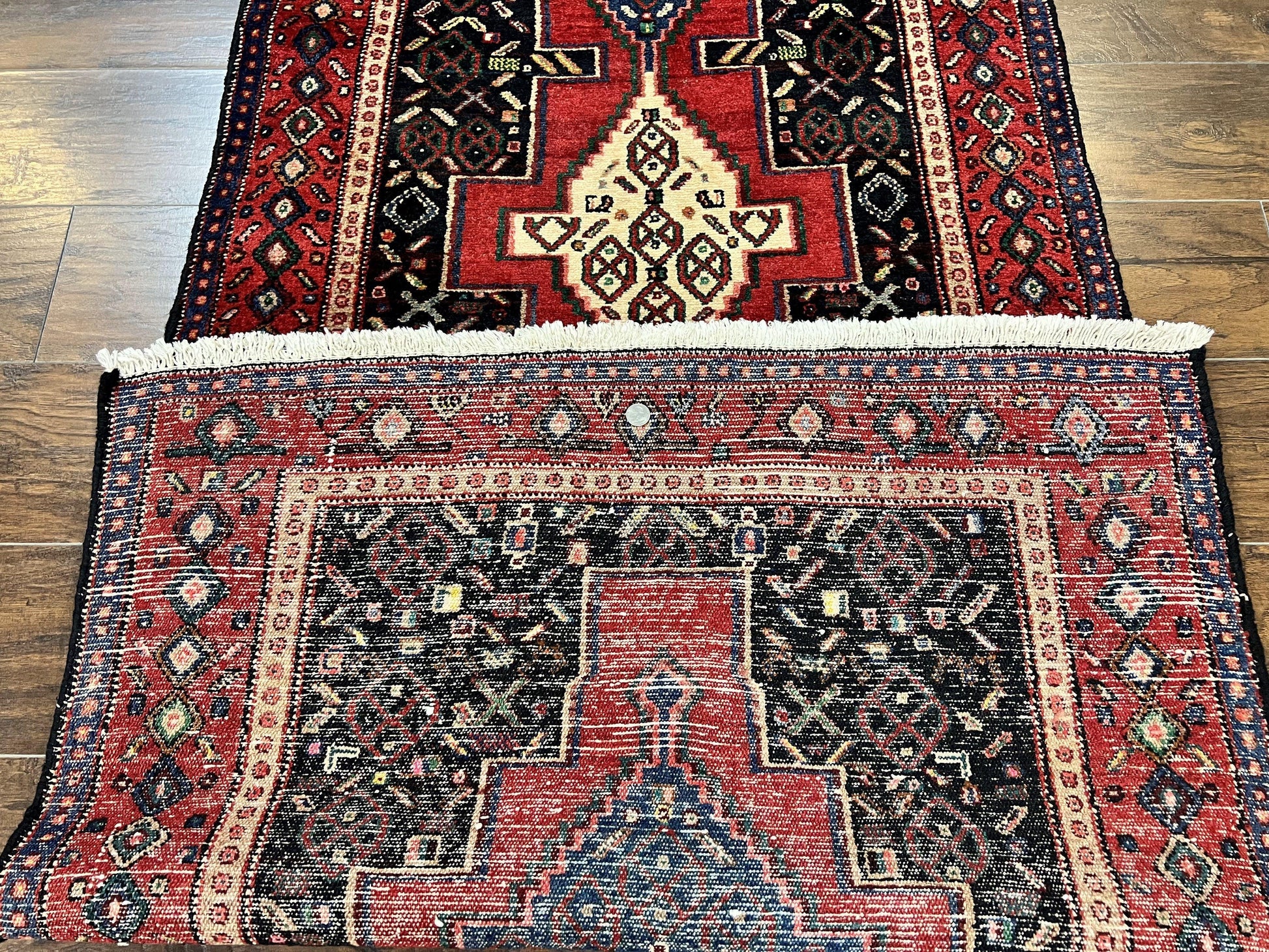 Persian Kurdish Senneh Runner Rug 3x9, Red Navy Blue, Medallions Wool Tribal Runner for Kitchen/Hallway 9ft Antique Handmade Oriental Runner - Nuvé