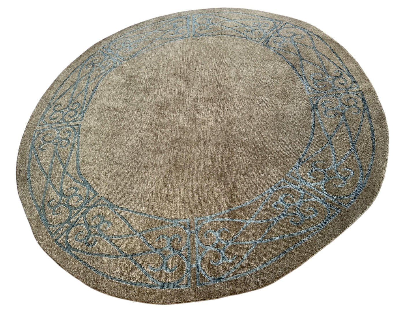 Hand-Knotted Tibetan Rug - 6' x 6'1" Round - Wool & Silk - Elegant Blue Border Design - Nuvé