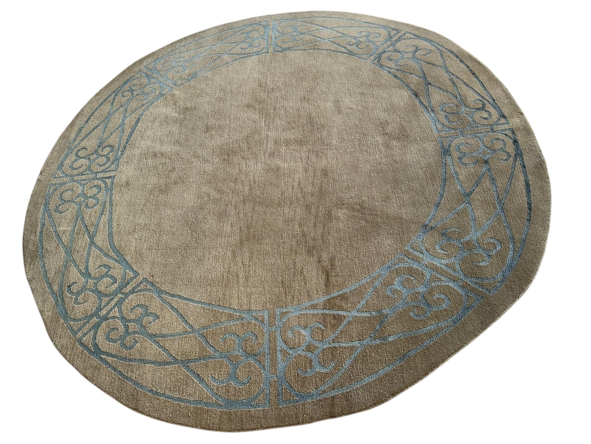 Hand-Knotted Tibetan Rug - 6' x 6'1" Round - Wool & Silk - Elegant Blue Border Design - Nuvé