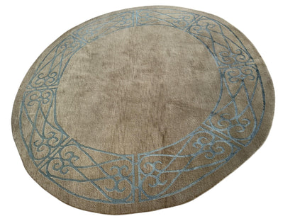 Hand-Knotted Tibetan Rug - 6' x 6'1" Round - Wool & Silk - Elegant Blue Border Design - Nuvé