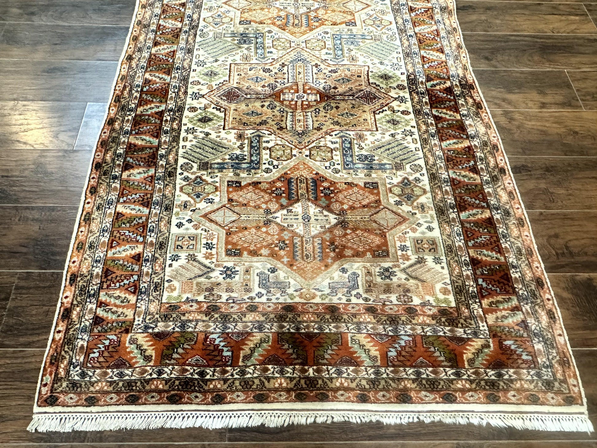Turkish Kazak Rug 4x6, Geometric Medallions, Vintage Handmade Wool Carpet - Nuvé
