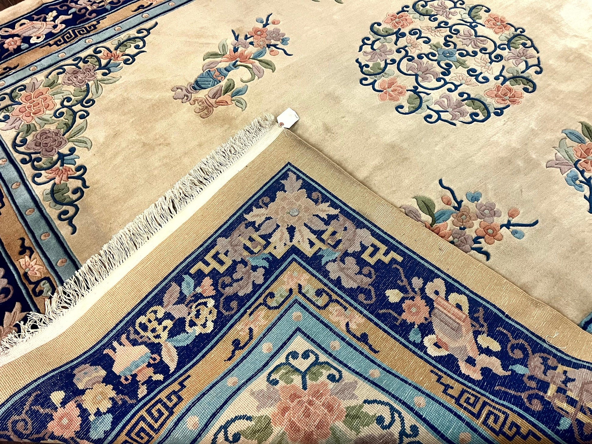 Chinese Wool Rug 8x11, Peking Asian Oriental Carpet, Cream/Ivory and Blue, Vintage Handmade Rug, Art Deco Rug - Nuvé