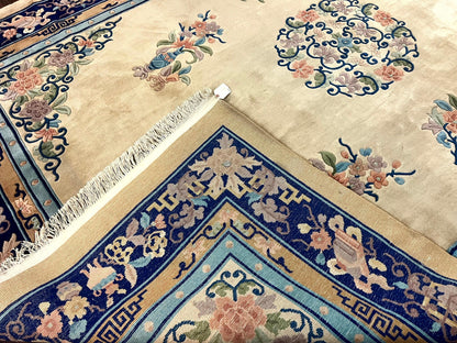Chinese Wool Rug 8x11, Peking Asian Oriental Carpet, Cream/Ivory and Blue, Vintage Handmade Rug, Art Deco Rug - Nuvé