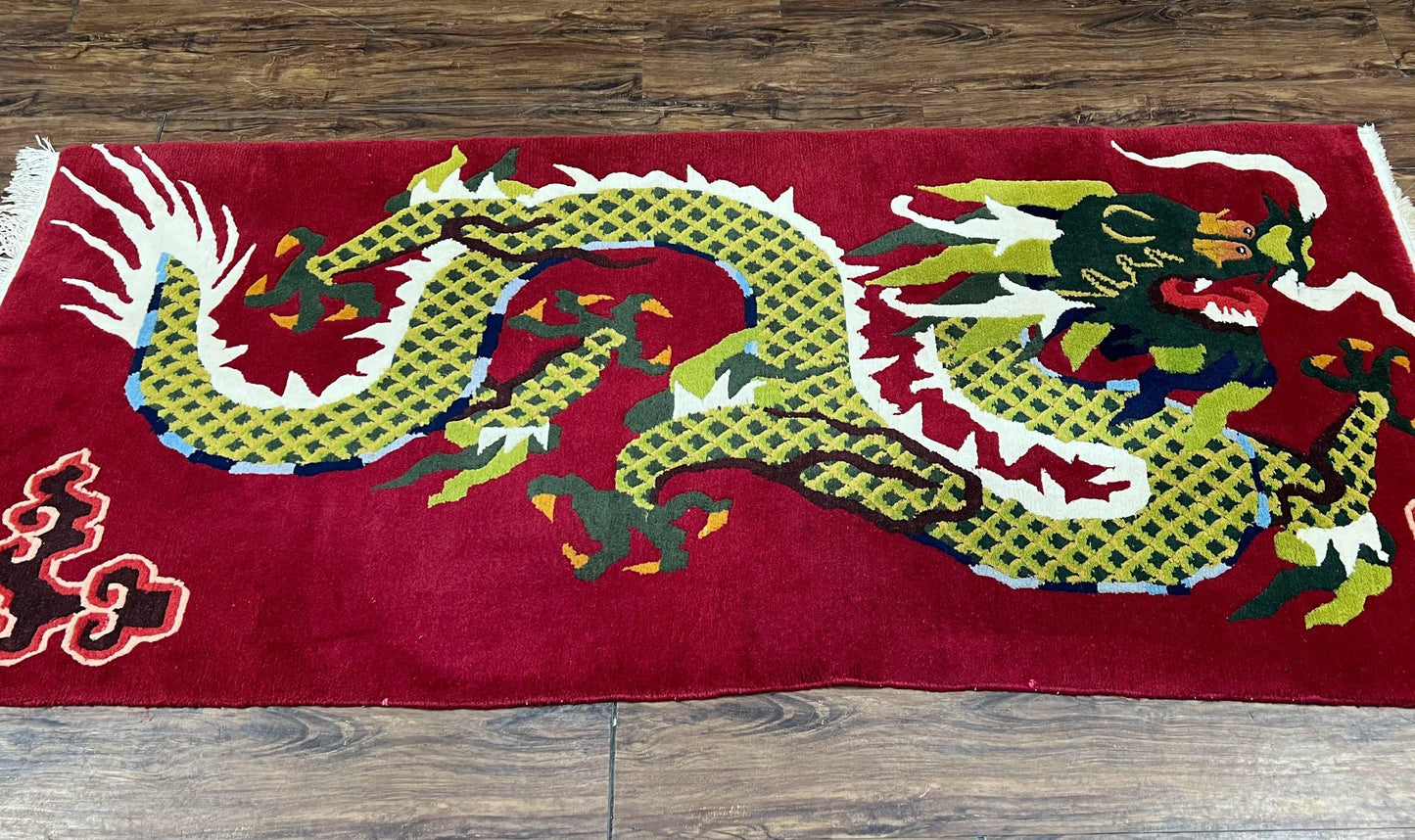 Vintage Chinese Dragon Rug 3 x 6.8, Handmade Hand Knotted Red Chinese Carpet with Gold Dragon, Art Deco Peking Soft Chinese Rug Runner - Nuvé