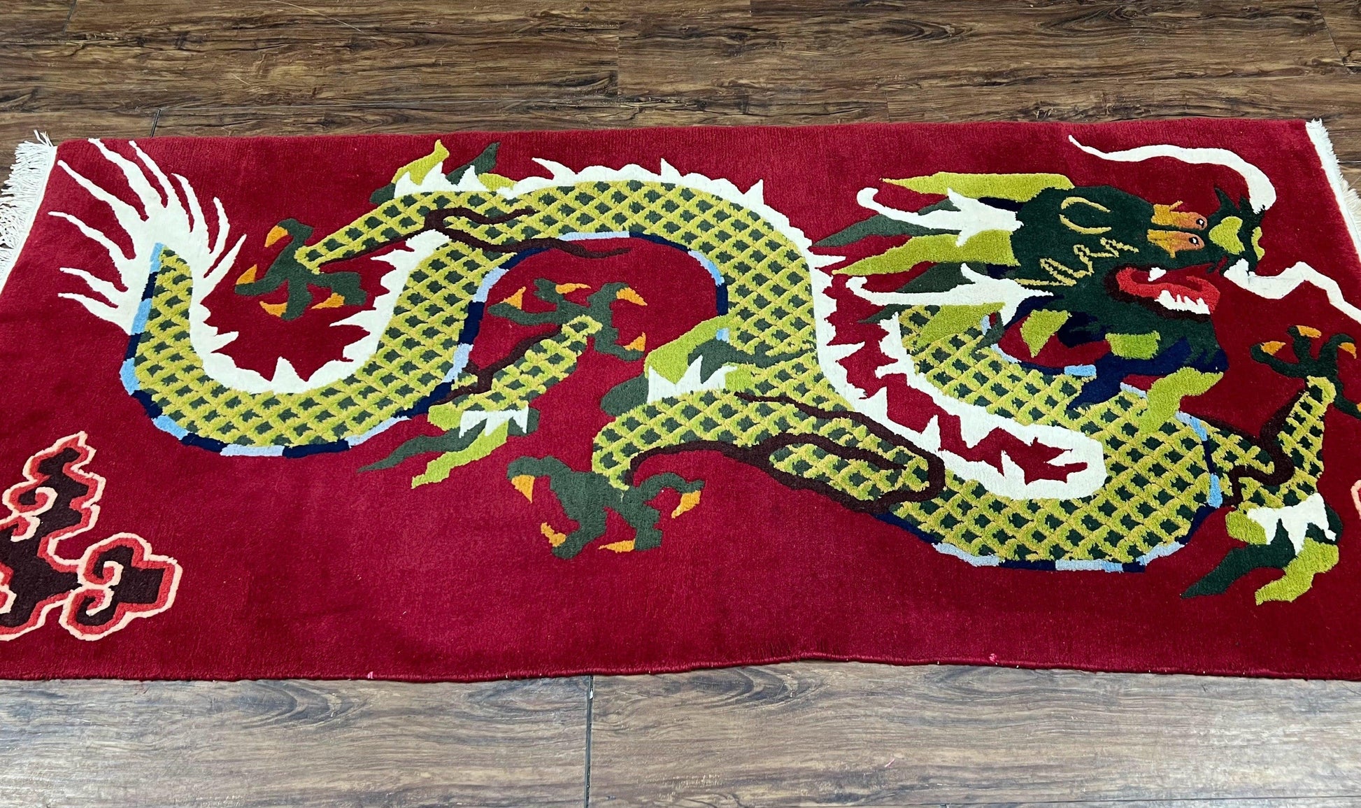 Vintage Chinese Dragon Rug 3 x 6.8, Handmade Hand Knotted Red Chinese Carpet with Gold Dragon, Art Deco Peking Soft Chinese Rug Runner - Nuvé