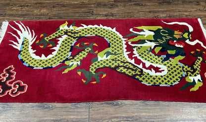 Vintage Chinese Dragon Rug 3 x 6.8, Handmade Hand Knotted Red Chinese Carpet with Gold Dragon, Art Deco Peking Soft Chinese Rug Runner - Nuvé