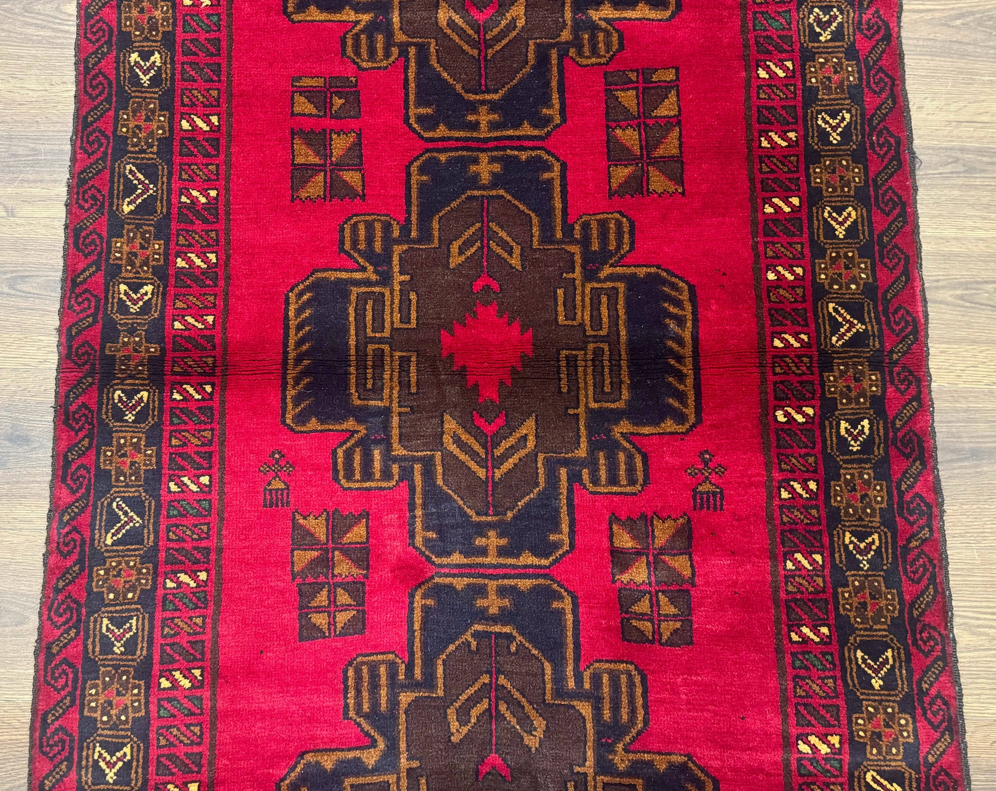 Red Afghan Balouch Rug 4x7, Triple Medallions, Handmade, New - Nuvé