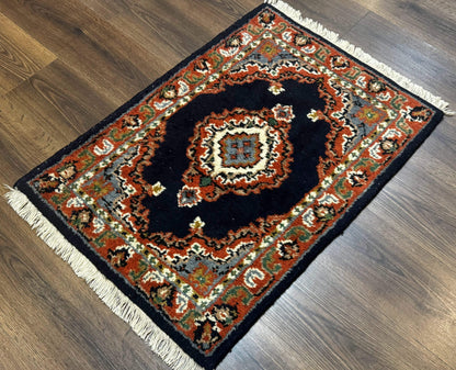 Small Indo Persian Rug 2x3, Navy Blue & Terracotta, Wool, Handmade - Nuvé