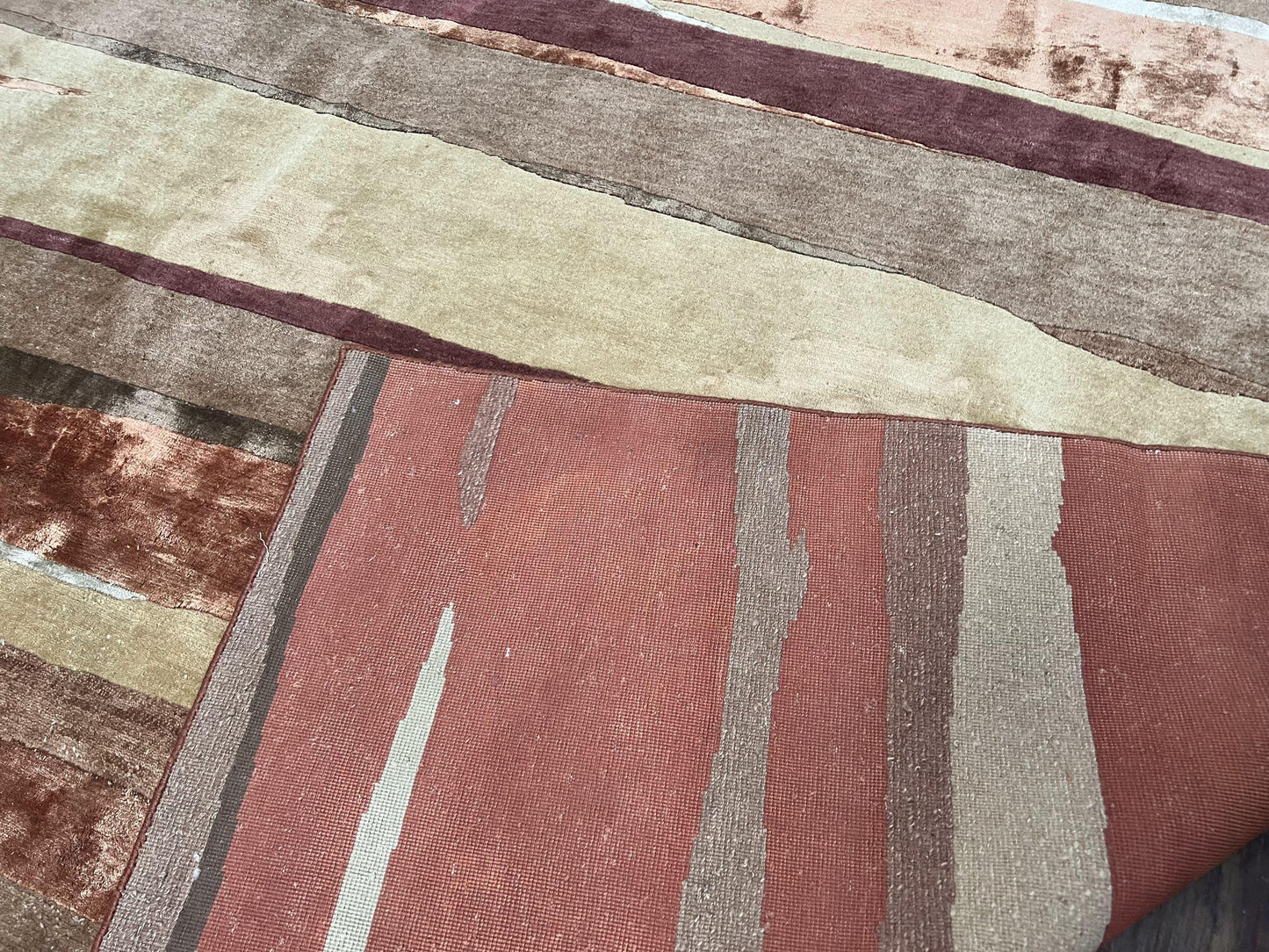 Modern Tibetan Rug 8x11 Nepali Carpet, Shiny Velvely Soft Wool and Silk, Contemporary Hand Knotted Rug, Striped Design, Wool Area Rug 8 x 11 - Nuvé