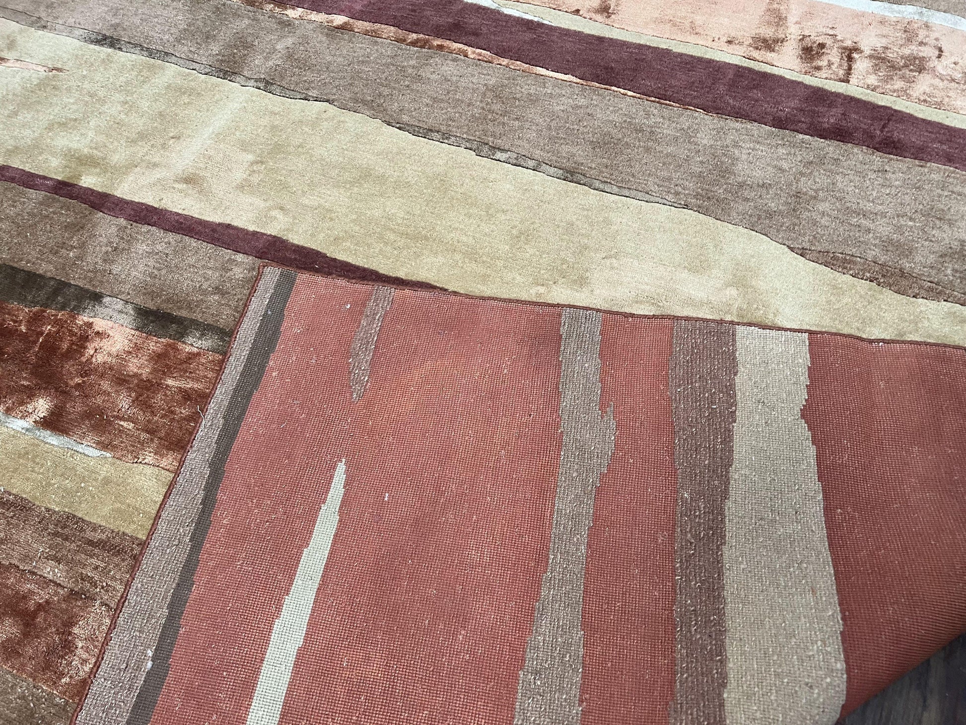 Modern Tibetan Rug 8x11 Nepali Carpet, Shiny Velvely Soft Wool and Silk, Contemporary Hand Knotted Rug, Striped Design, Wool Area Rug 8 x 11 - Nuvé