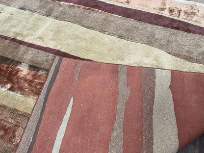 Modern Tibetan Rug 8x11 Nepali Carpet, Shiny Velvely Soft Wool and Silk, Contemporary Hand Knotted Rug, Striped Design, Wool Area Rug 8 x 11 - Nuvé