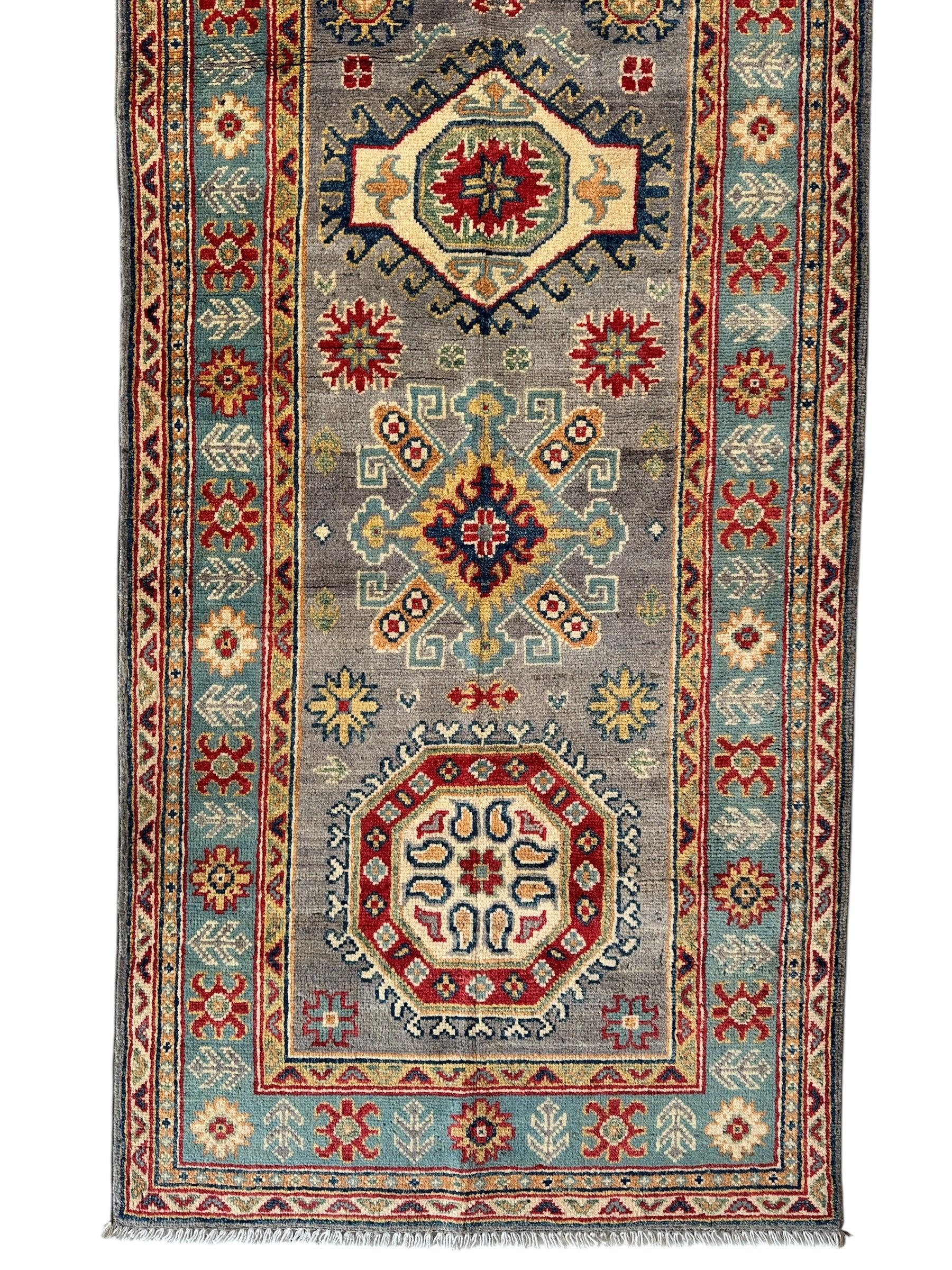 Hand-Knotted Afghan Kazak Wool Runner Rug – 2'7" x 12'3" – Traditional Geometric Design - Nuvé