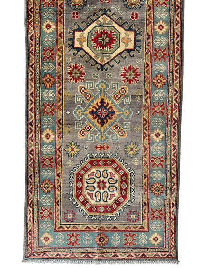 Hand-Knotted Afghan Kazak Wool Runner Rug – 2'7" x 12'3" – Traditional Geometric Design - Nuvé