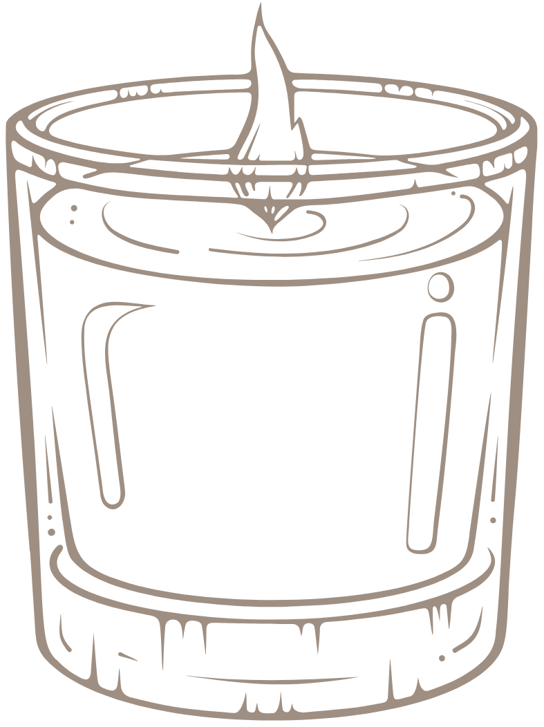 Outline of a candle in a glass container with a flame on a white background