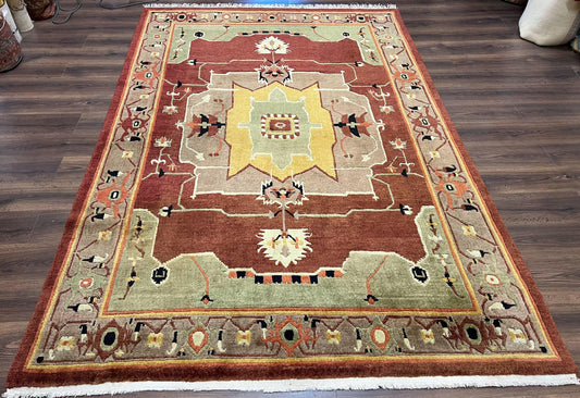 Tibetan Rug 7x10, Geometric Medallion, Red Green Taupe, Hand Knotted, Soft Wool Area Rug, Contemporary Carpet, Handmade Nepali Rug 7 x 10 ft - Nuvé