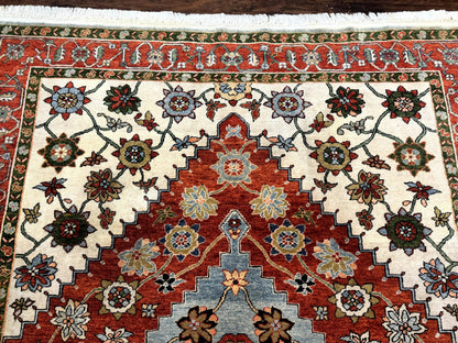 Indo Persian Heriz Rug 7x9, Geometric Pattern, Cream & Light Red, Handmade Vintage Wool Carpet - Nuvé