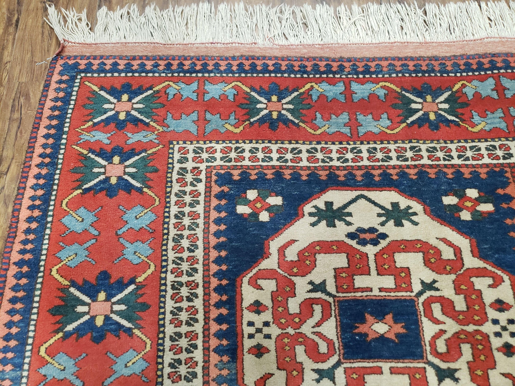 Turkish Kazak Rug 5x6 Vintage Handmade Wool Carpet Geometric Blue Red - Nuvé