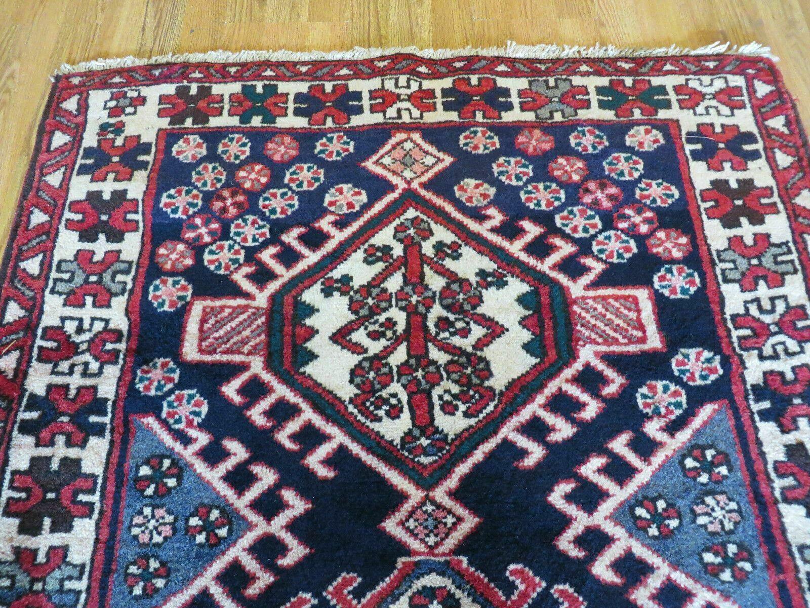 Persian Runner Rug 3.5 x 10.7, Karajeh Heriz Rug, Navy Blue, Geometric Medallions - Nuvé