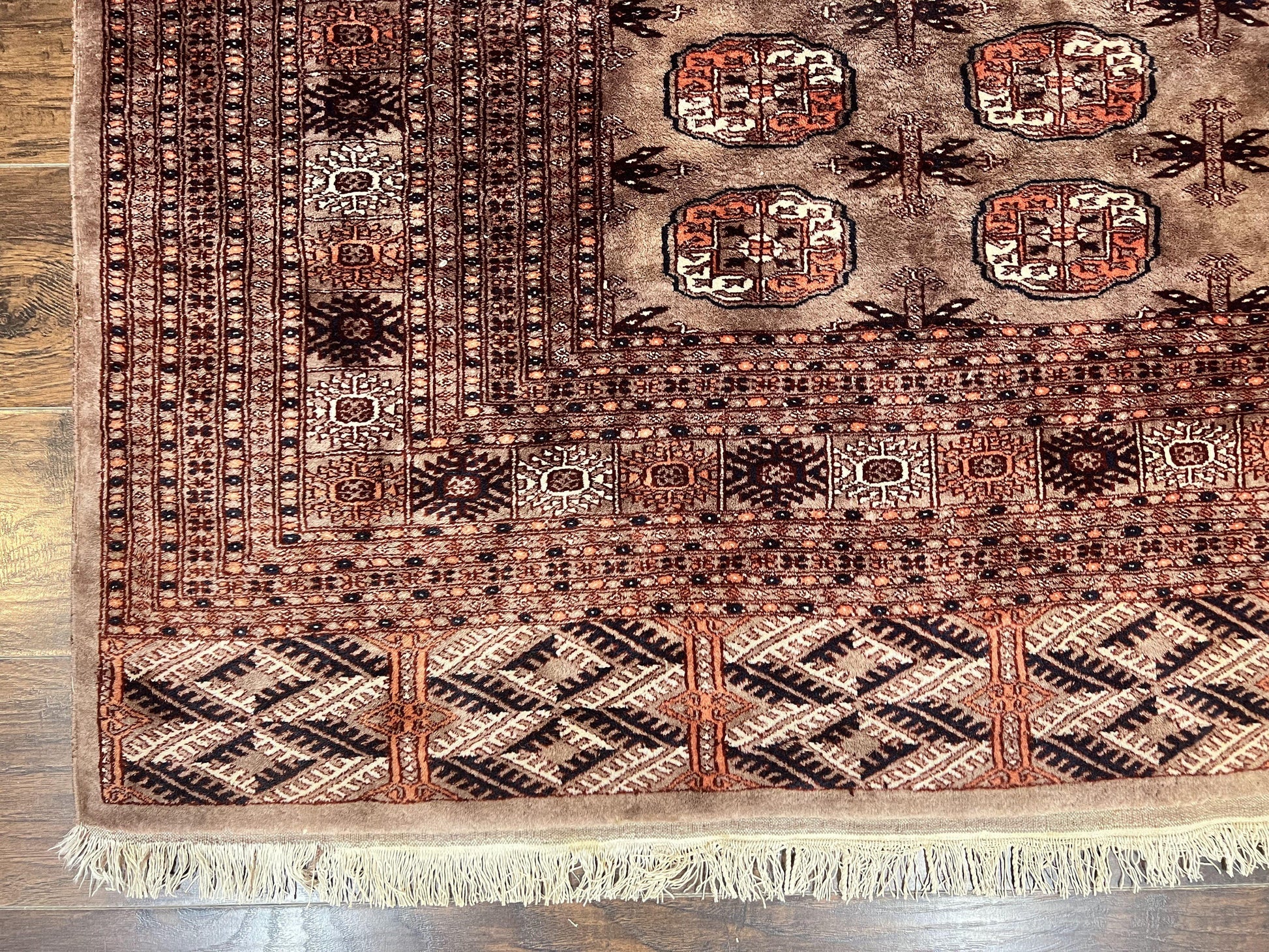Pakistani Bokhara Turkoman Rug 7x10, Handmade Vintage Wool Carpet, Brown-Red - Nuvé