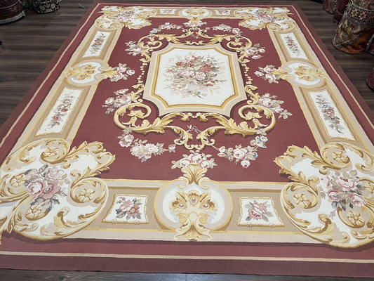 Aubusson Rug 9x12, Red Ivory Gold Tan, Handmade Hand Woven Aubusson Savonnerie Carpet, Vintage Flatweave Room Sized Aubusson Area Rug 9 x 12 - Nuvé