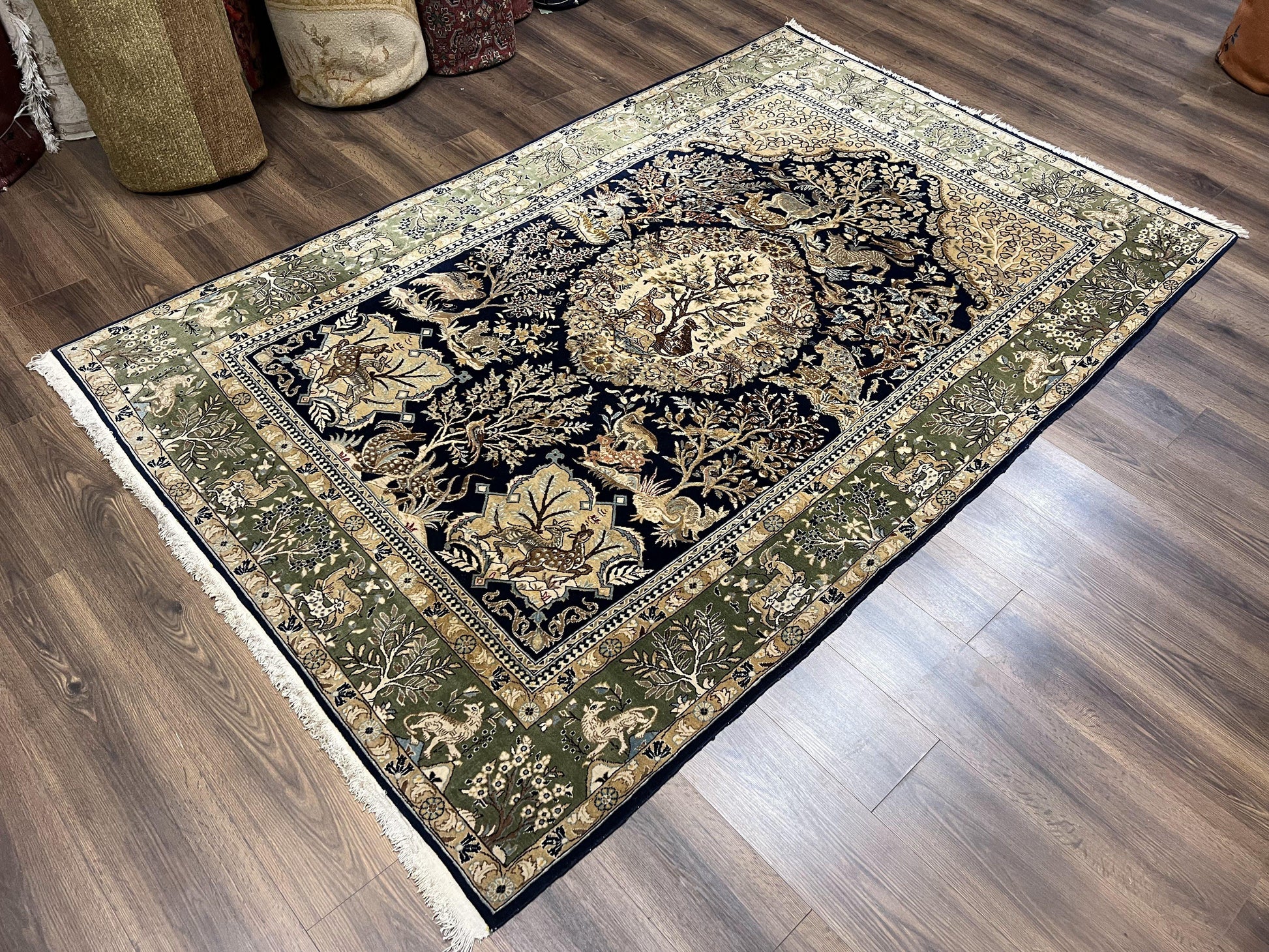 Wonderful Persian Qum Rug 6x9, Animal Pictorials, Tree of Life, Deer Birds, Hand Knotted Oriental Ghom Carpet, Semi Antique Vintage, Navy Blue Green - Nuvé