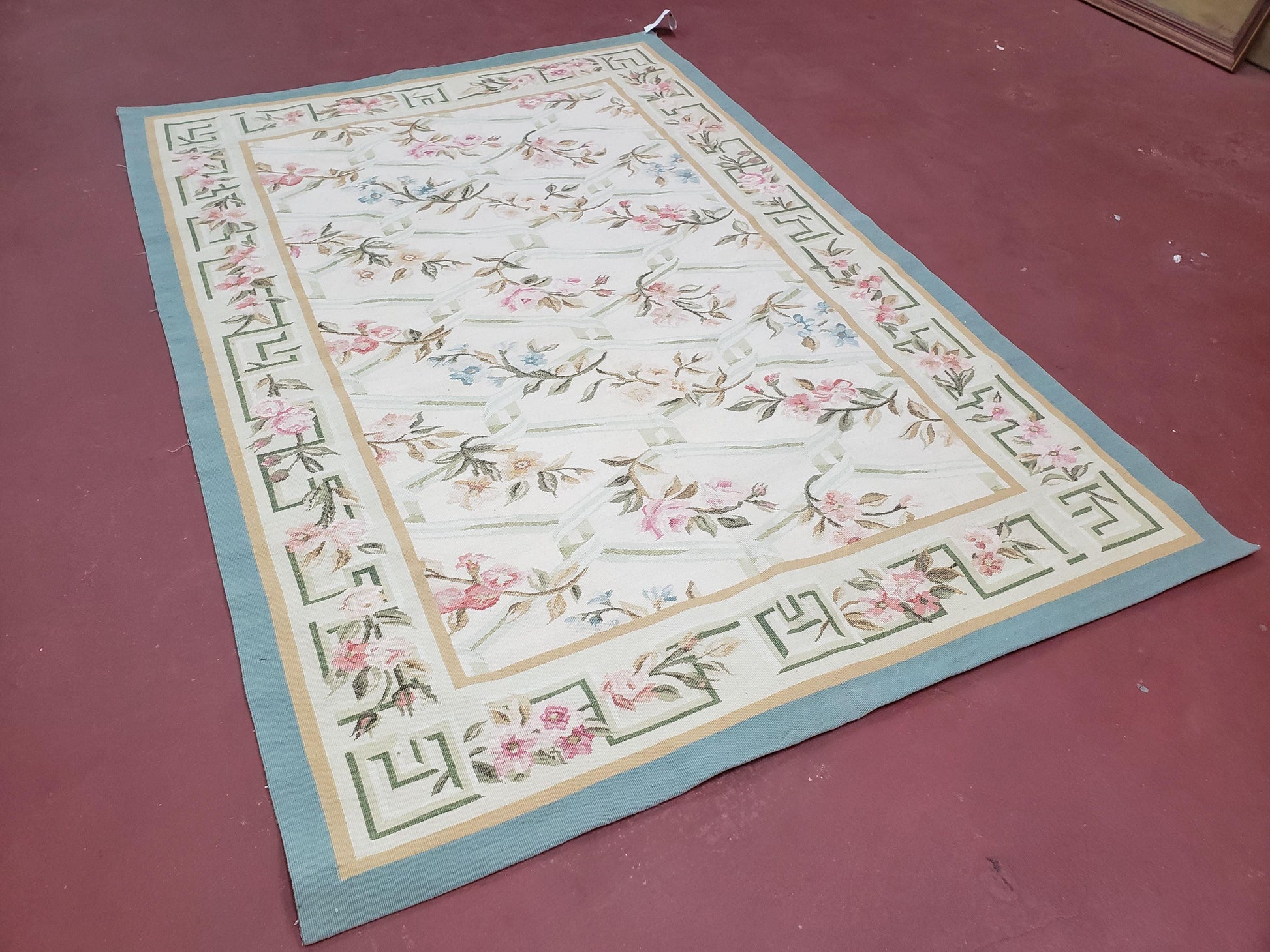 Vintage Aubusson Area Rug, Aubusson Flat weave Carpet, Floral Geometric Pattern, Beige Teal Green, 4x6 Rug, European Design - Nuvé