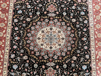 Marvelous Persian Tabriz Rug 7x10 ft, Super Fine 50 Raj, 300+ KPSI, Black and Rust Red, Floral Medallion Handmade Wool Oriental Carpet, Top Quality - Nuvé