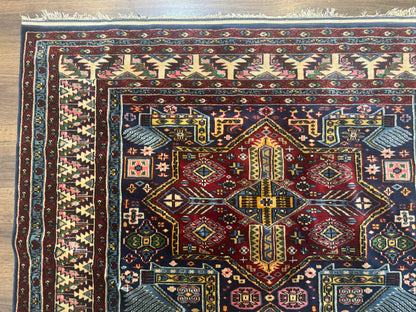 Indian Rug with Caucasian Design, 4x6 Geometric Carpet, Navy Blue and Cream - Nuvé