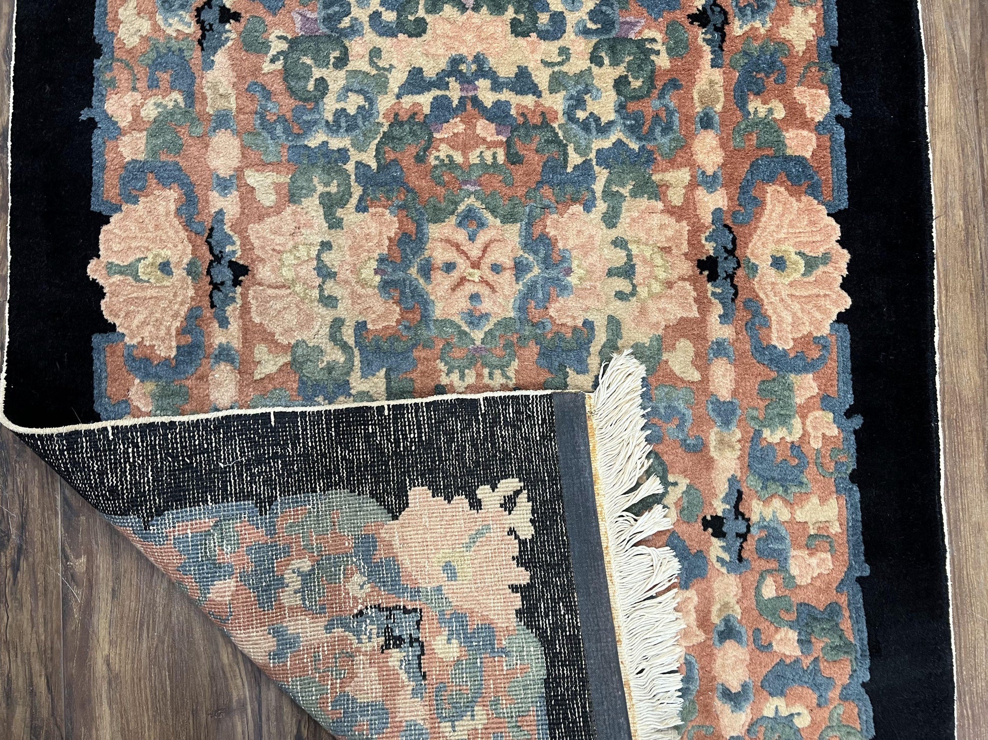 Chinese Art Deco Rug 3x5, Black and Beige Chinese Carpet 3 x 5, Vintage Rug, 1950s Rug, Floral Rug, Handmade Rug, Art Deco Rug, Wool Rug - Nuvé