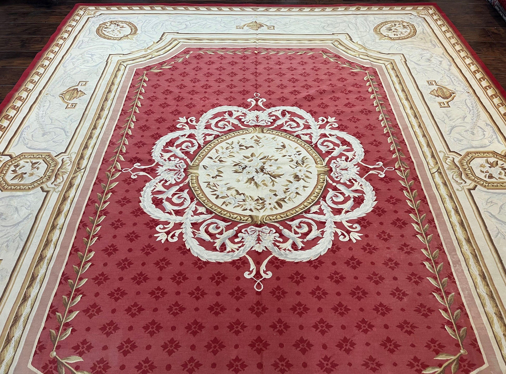 Aubusson Rug 9x12 ft, Red and Ivory Elegant Aubusson Carpet, Flatweave, Vintage Wool Handmade Area Rug 9 x 12, French European Design - Nuvé